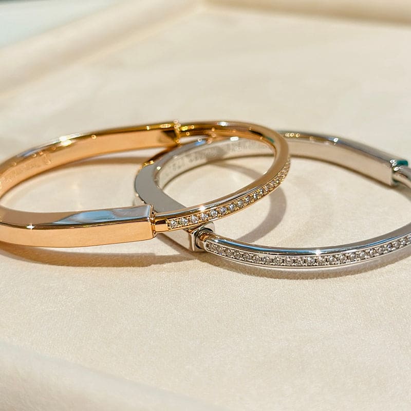 18K Tiffany Lock Bangle Half Pave Diamonds Bracelet
