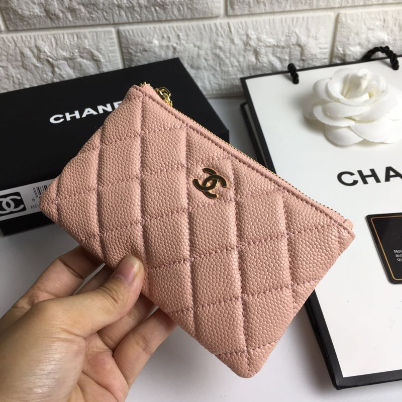 CHANEL CLASSIC SMALL ZIPPED POUCH 15 PALE PINK CALFSKIN GOLD ICON