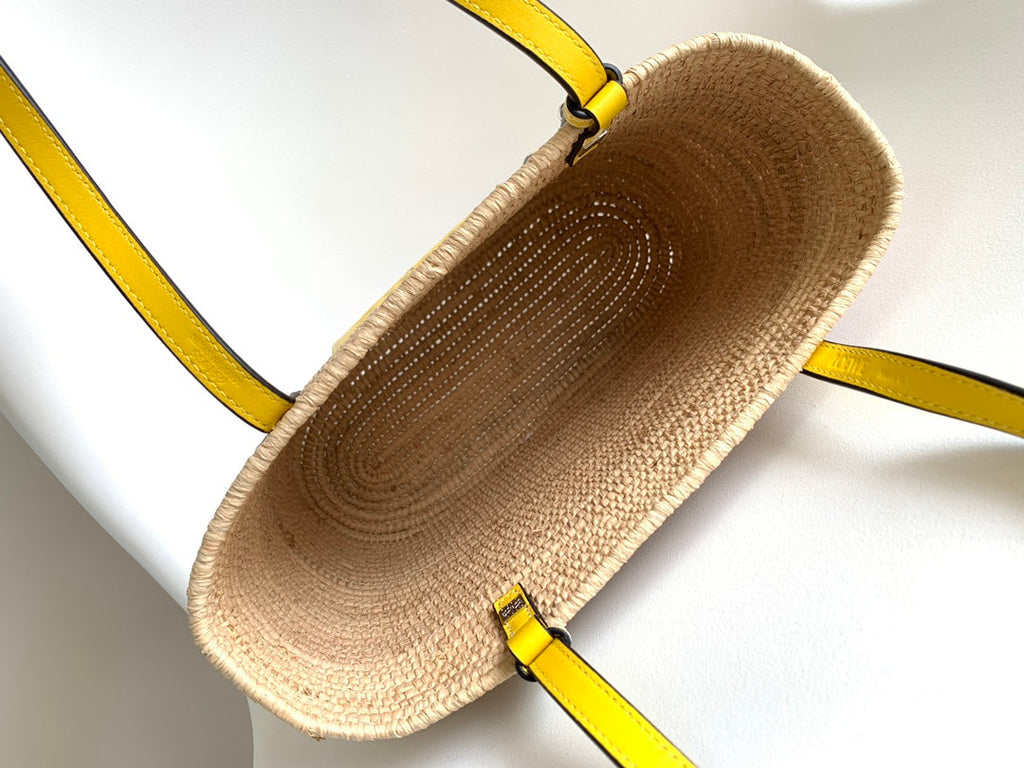 LOEWE 25S BASKET BAG 30 IN NATURAL MIX YELLOW RAFFIA CALFSKIN SHOULDER STRAP