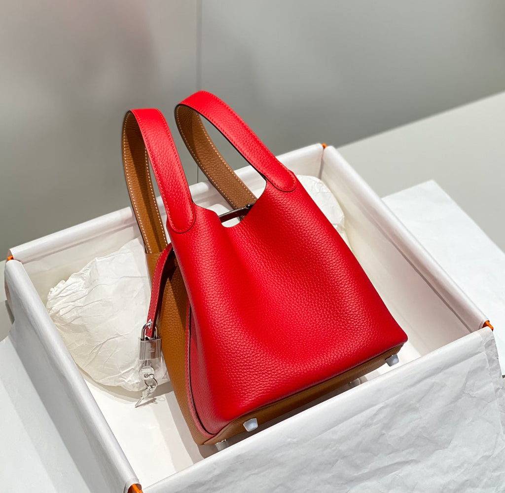 HERMES 25S PICOTIN LOCK 18 IN GOLDEN BROWN AND RED CALFSKIN SILVER HARDWARE