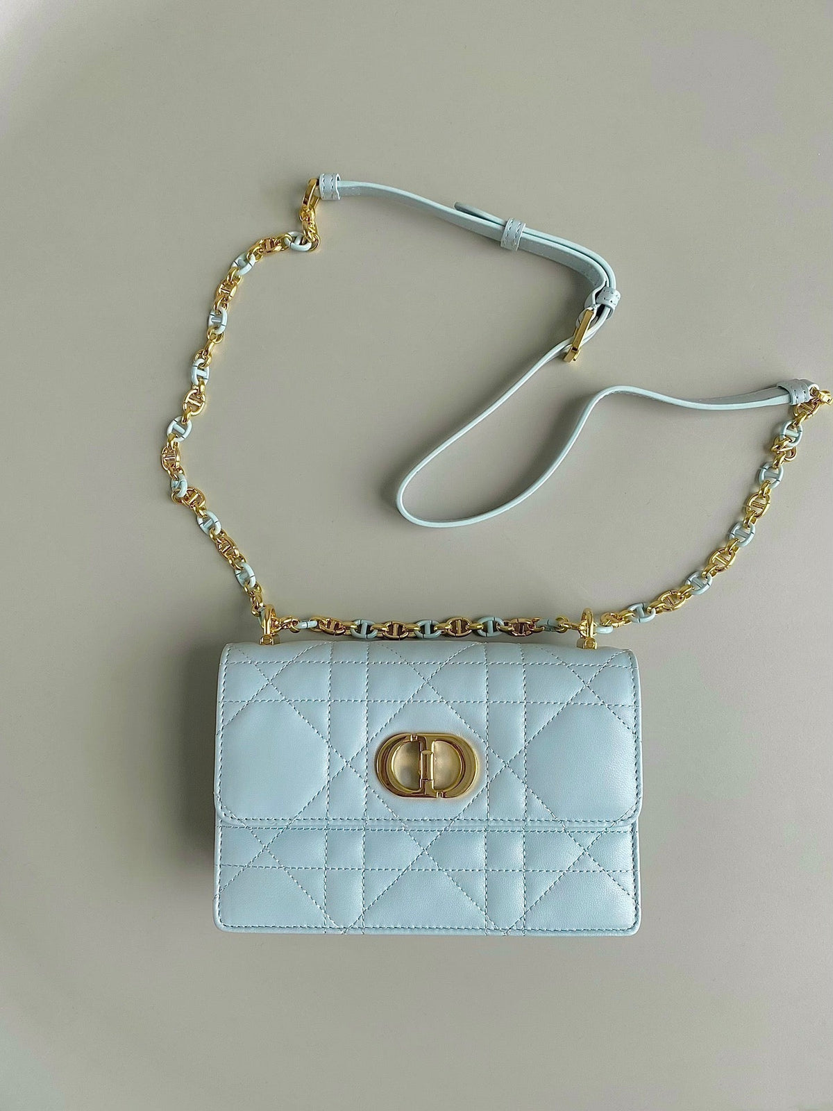 DIOR MISS CARO 17 CHAIN BAG IN LIGHT BLUE LAMBSKIN