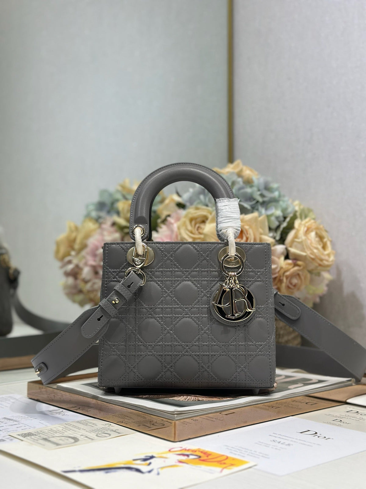 DIOR LADY SMALL BAG 20 IN GREY MACROCANNAGE LAMBSKIN GOLD HARDWARE