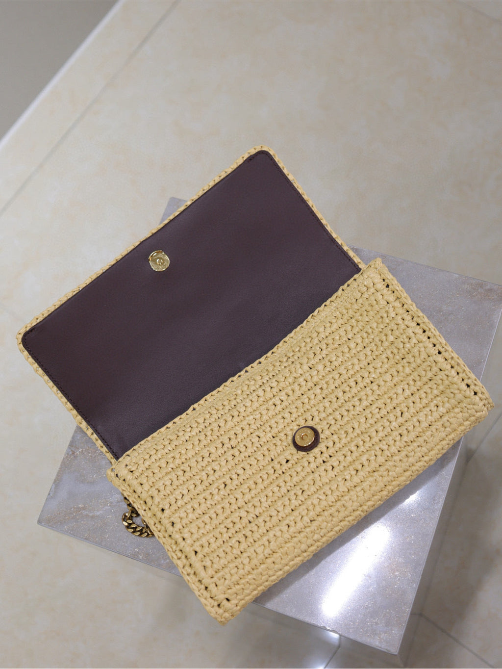 YSL KATE BAG CROSSBODY 26 IN BEIGE WOVEN RAFFIA GOLD HARDWARE