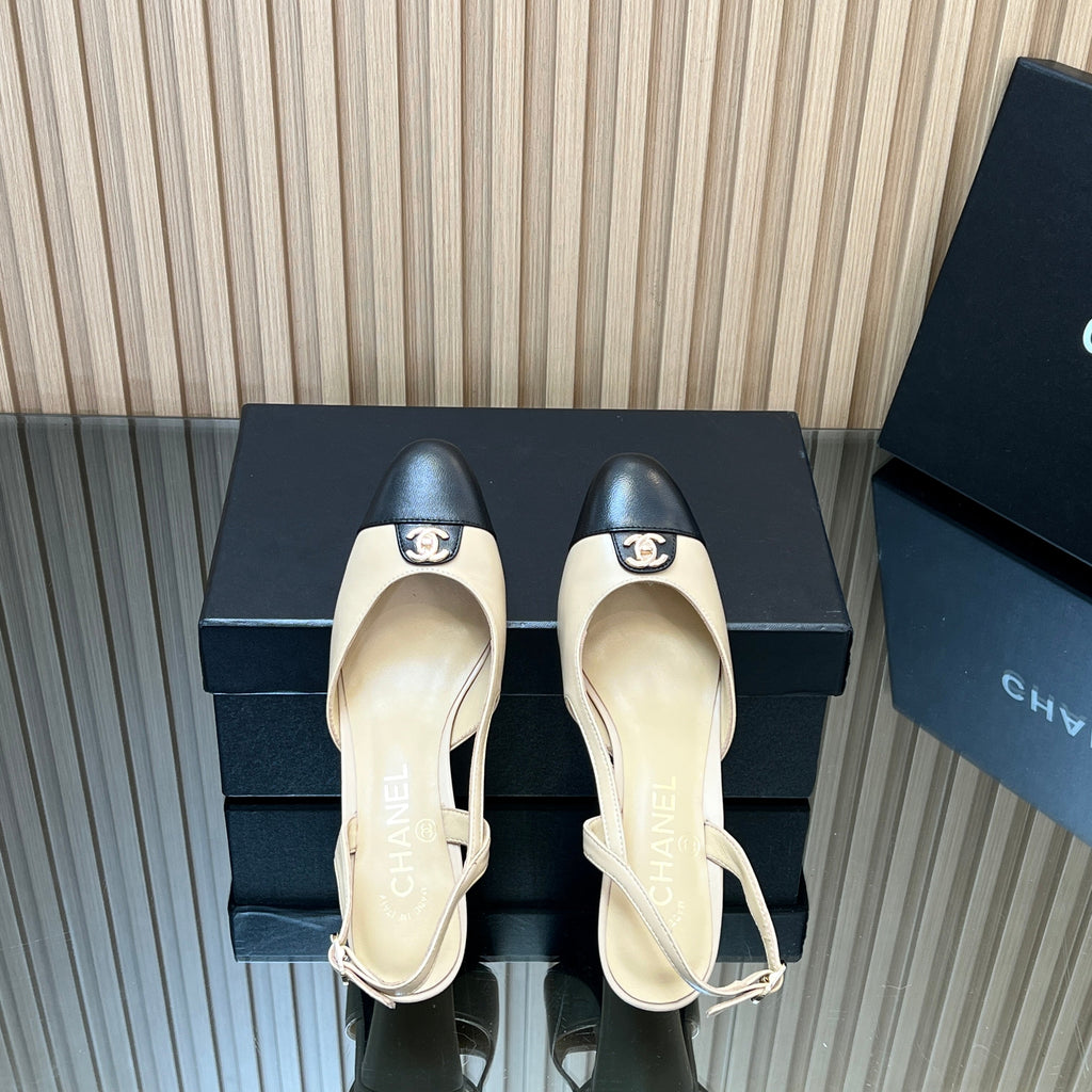 CHANEL 25S SLINGBACK FLATS IN BEIGE CALFSKIN GOLD HARDWRE
