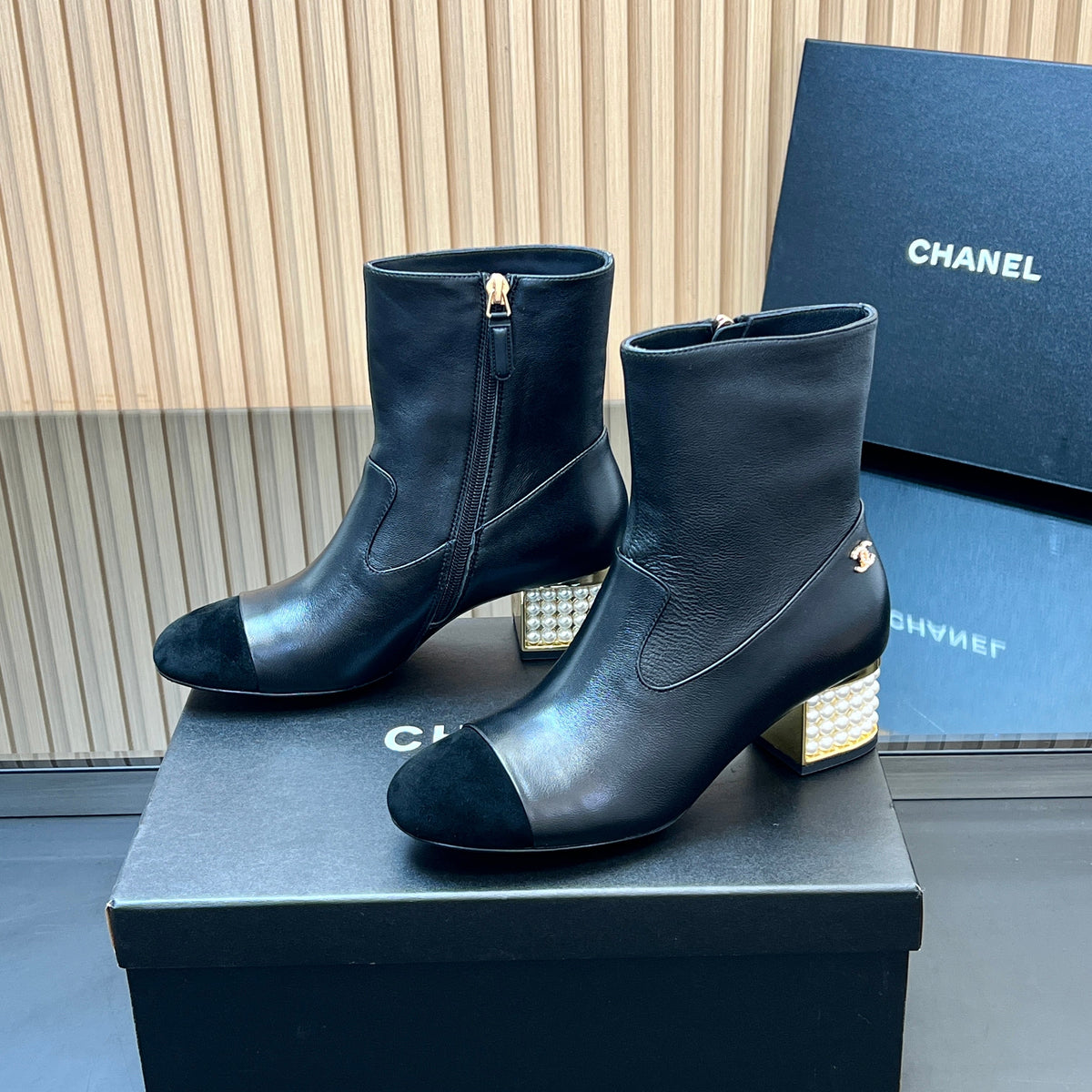 CHANEL 25S TALL BOOTS WITH PEARL DETAILS 50MM IN BLACK SUEDE AND CALFSKIN