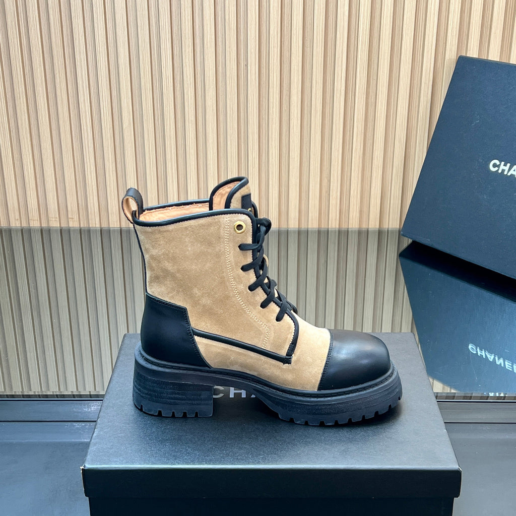 CHANEL 25S LACE-UP ANKLE BOOTS IN BROWN BLACK SUEDE AND CALFSKIN