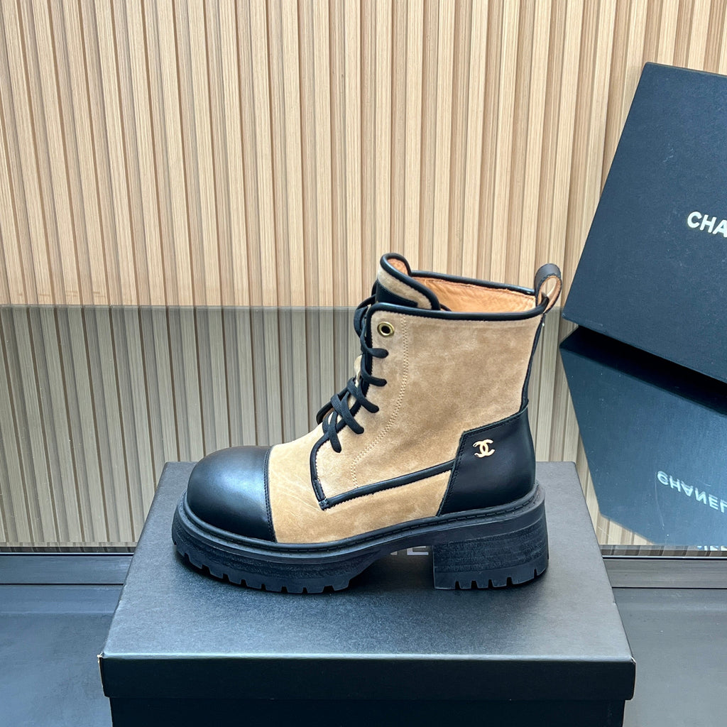 CHANEL 25S LACE-UP ANKLE BOOTS IN BROWN BLACK SUEDE AND CALFSKIN