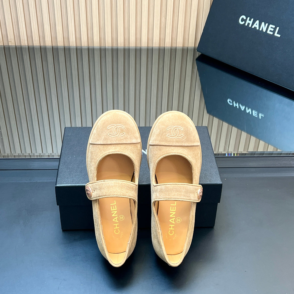 CHANEL 25S DOUBLE-STRAP MARY JANE SHOES IN LIGHT BROWN SUEDE