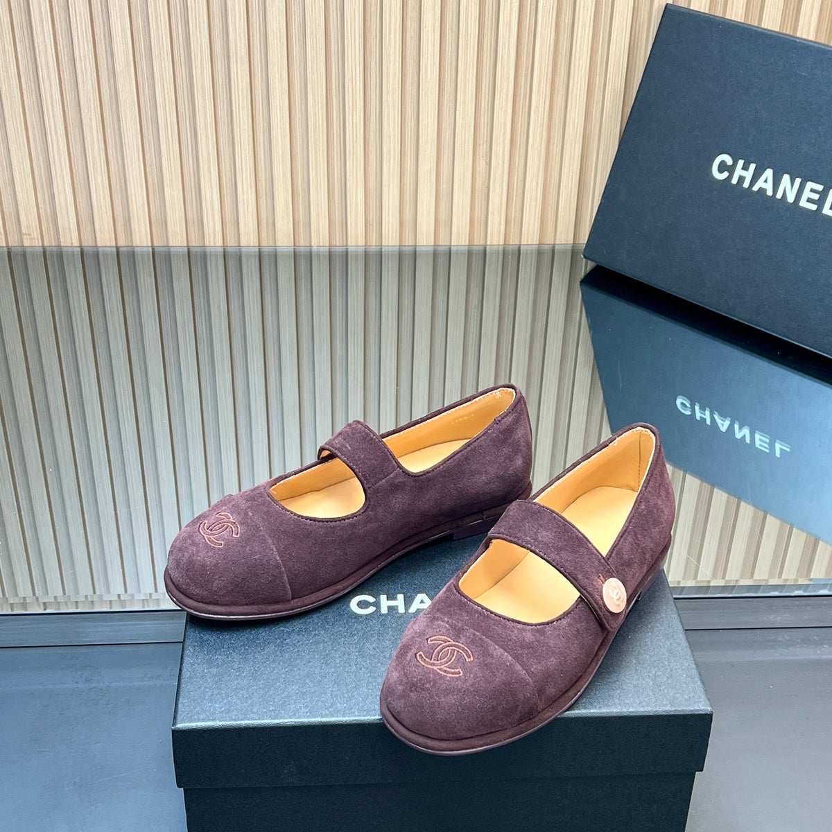 CHANEL 25S DOUBLE-STRAP MARY JANE SHOES IN DARK PURPLE SUEDE