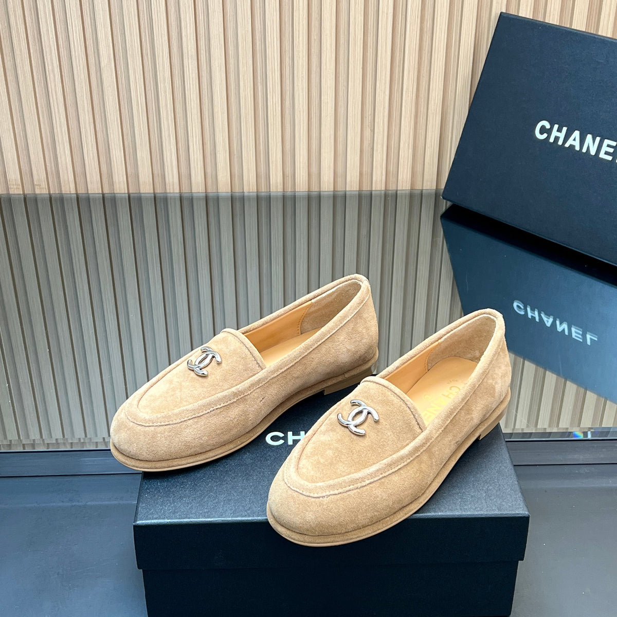 CHANEL 25S TEDDY LOAFER 15MM IN LIGHT BROWN SUEDE SILVER HARDWRE