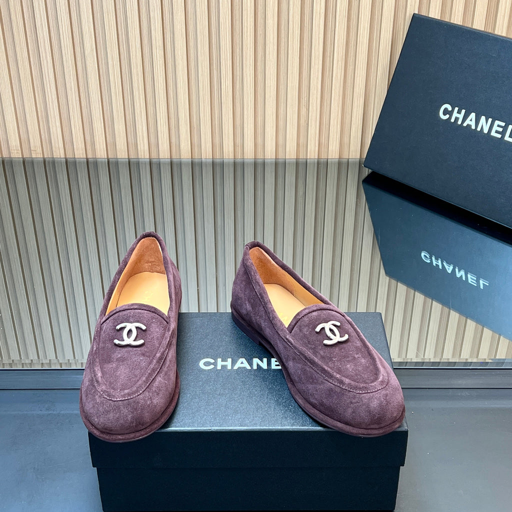 CHANEL 25S TEDDY LOAFER 15MM IN DARK PURPLE SUEDE SILVER HARDWARE