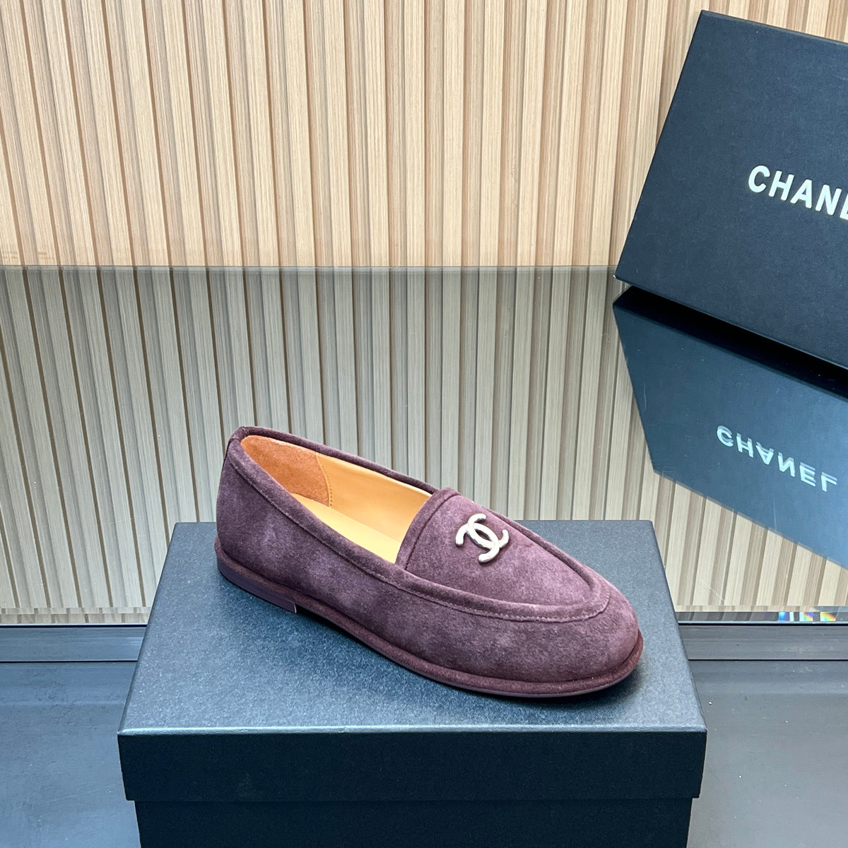 CHANEL 25S TEDDY LOAFER 15MM IN DARK PURPLE SUEDE SILVER HARDWRE