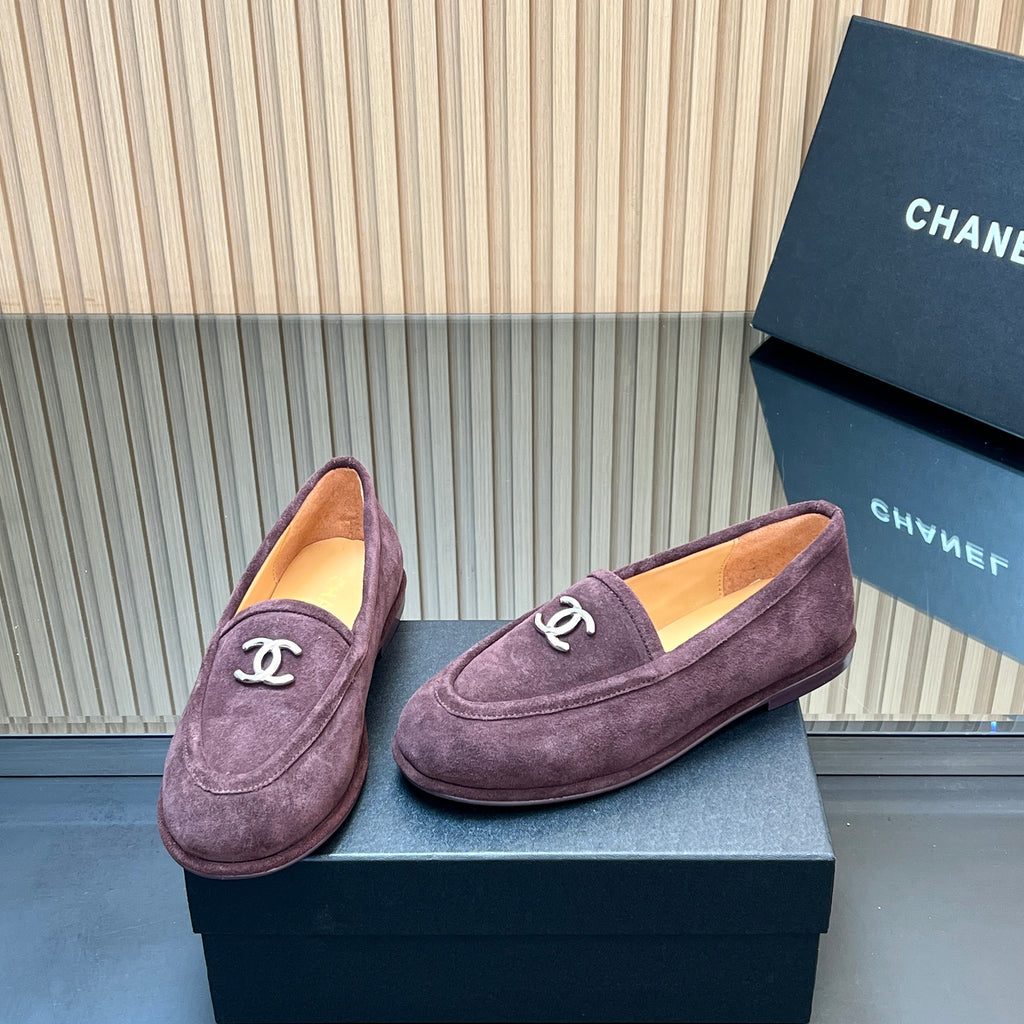 CHANEL 25S TEDDY LOAFER 15MM IN DARK PURPLE SUEDE SILVER HARDWARE