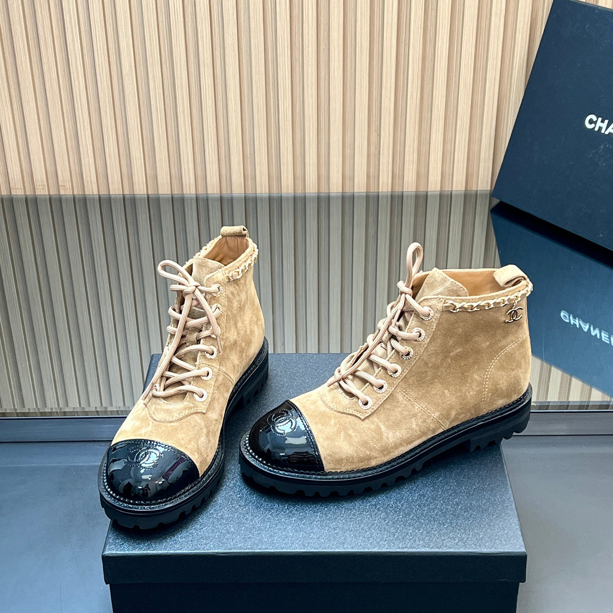 CHANEL 25S MARTIN LACE-UP BOOTS WITH CHAIN DETAIL IN LIGHT BROWN SUEDE