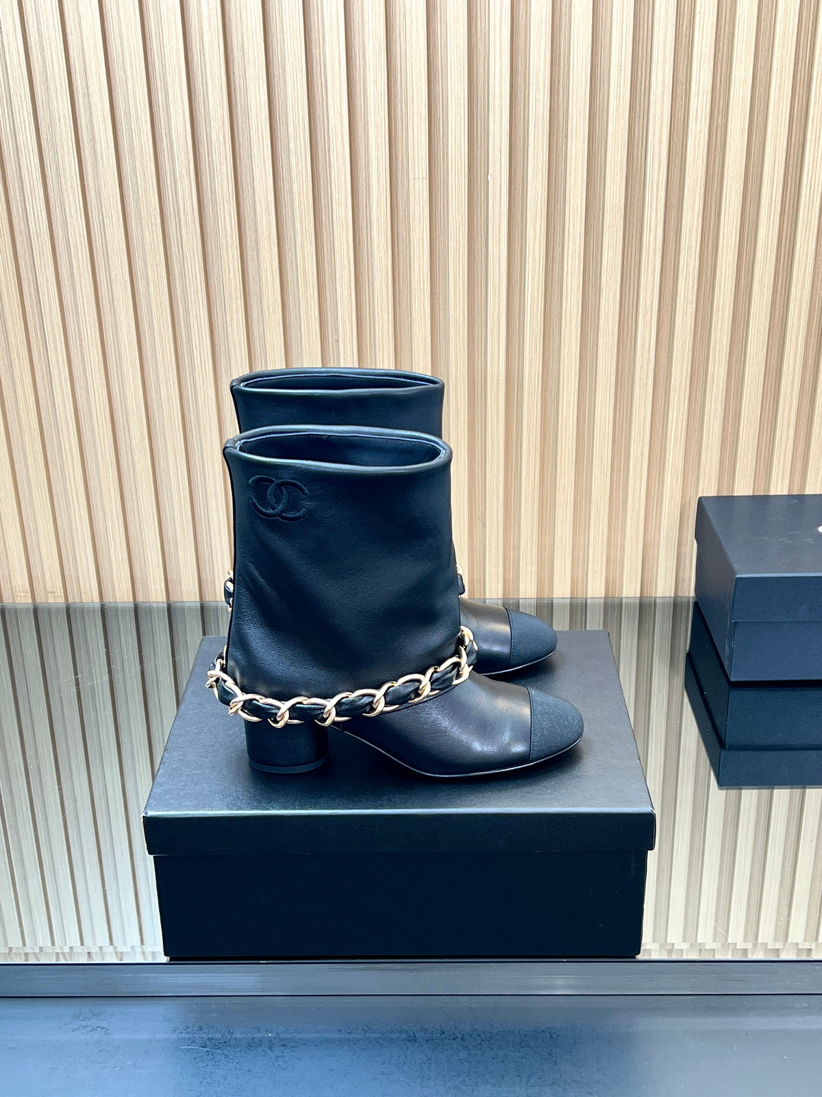 CHANEL 25S LOW BOOTS 65MM IN BLACK CALFSKIN GOLD HARDWRE