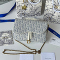 DIOR 25S MEDIUM SADDLE POUCH WITH CHAIN 21 IN LIGHT BLUE DIOR OBLIQUE JACQUARD CANVAS