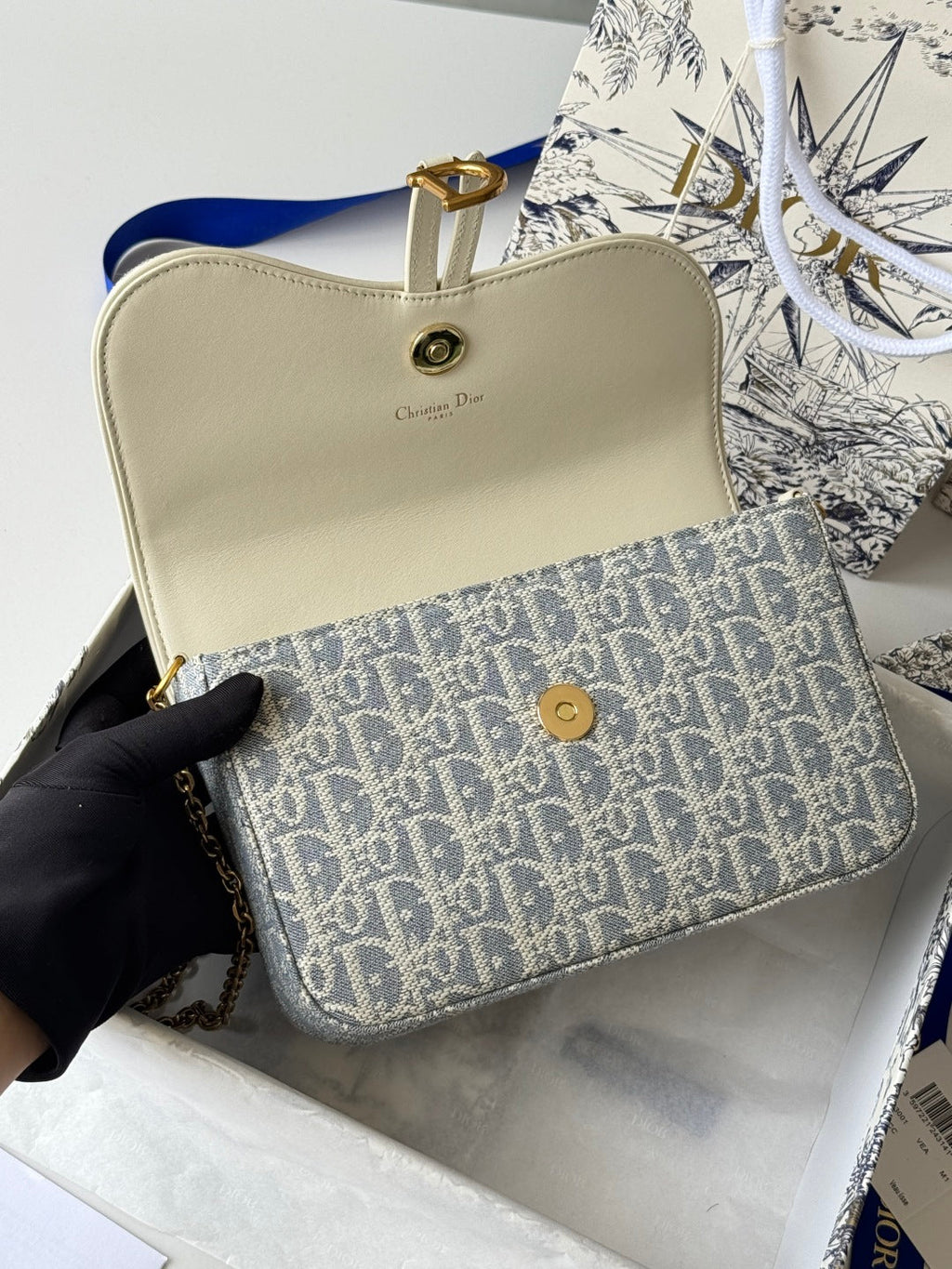 DIOR 25S MEDIUM SADDLE POUCH WITH CHAIN 21 IN LIGHT BLUE DIOR OBLIQUE JACQUARD CANVAS