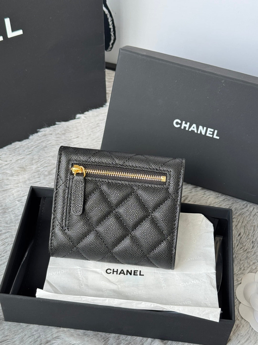 CHANEL 25S CF SMALL TRI FOLD WALLET 11 IN BLACK CAVIAR GOLD HARDWARE