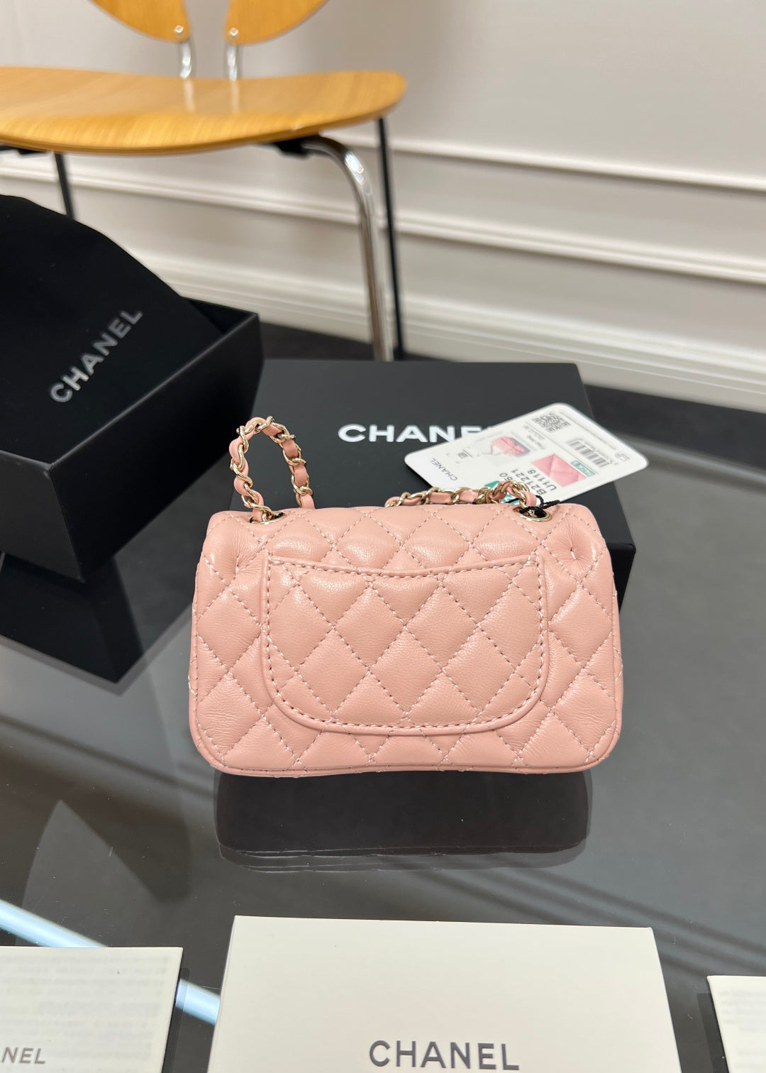 CHANEL 25S FLAP CHARM BAG 13 IN PEACH PINK LAMBSKIN