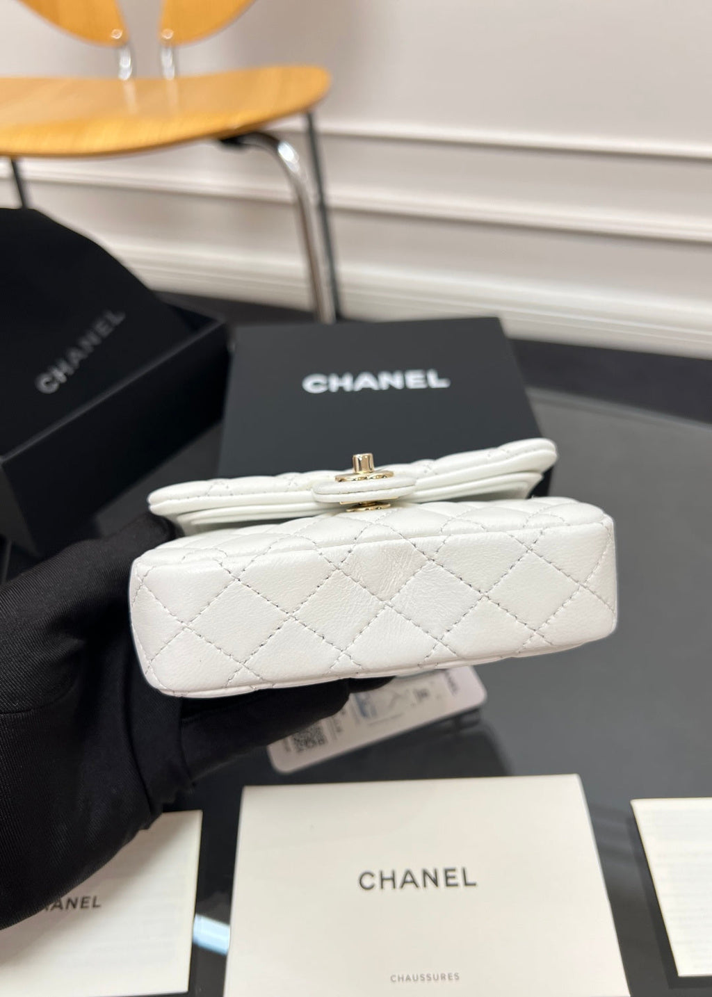 CHANEL 25S FLAP CHARM BAG 13 IN WHITE LAMBSKIN