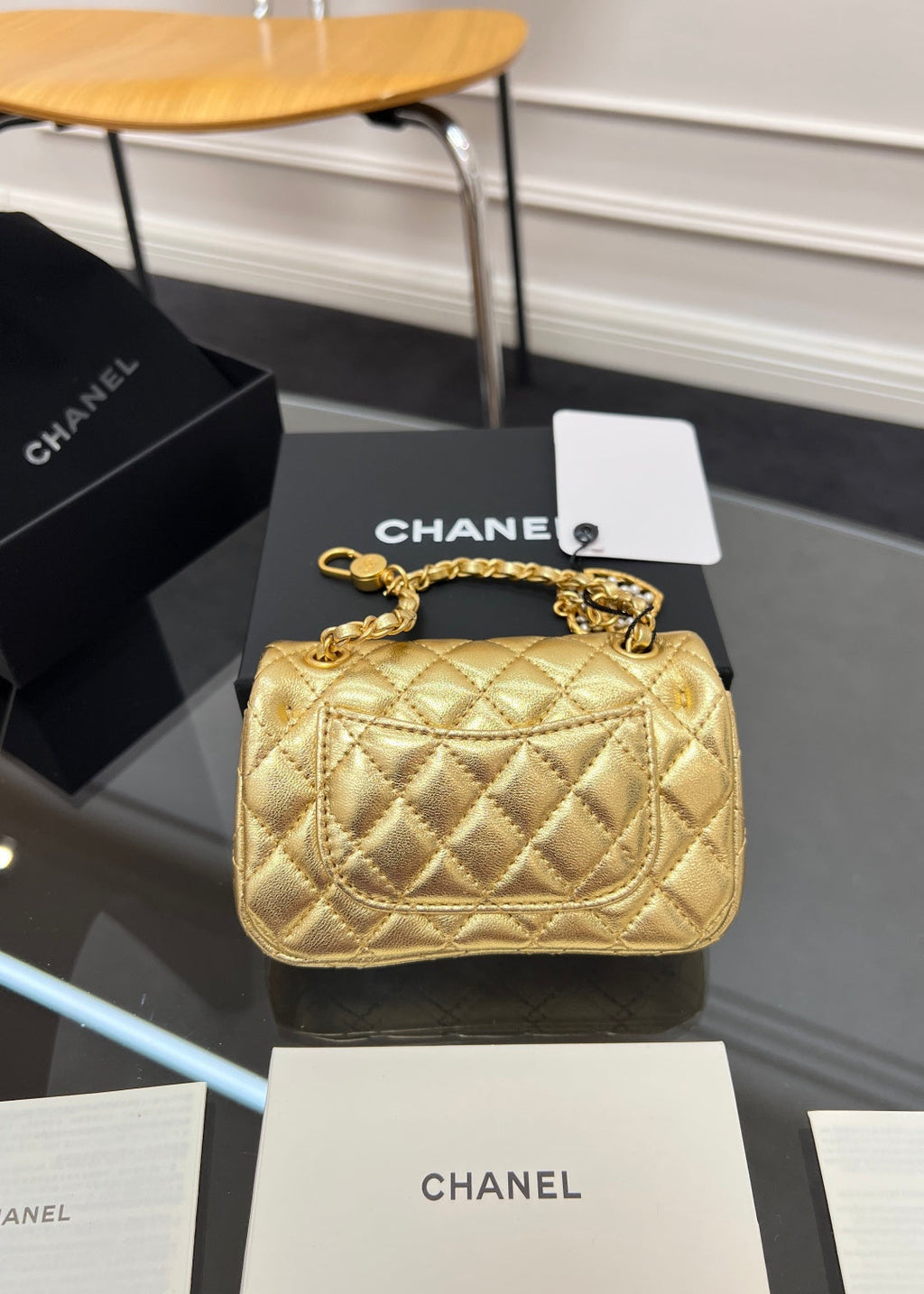 CHANEL 25S FLAP CHARM BAG 13 IN GOLD METALLIC LAMBSKIN