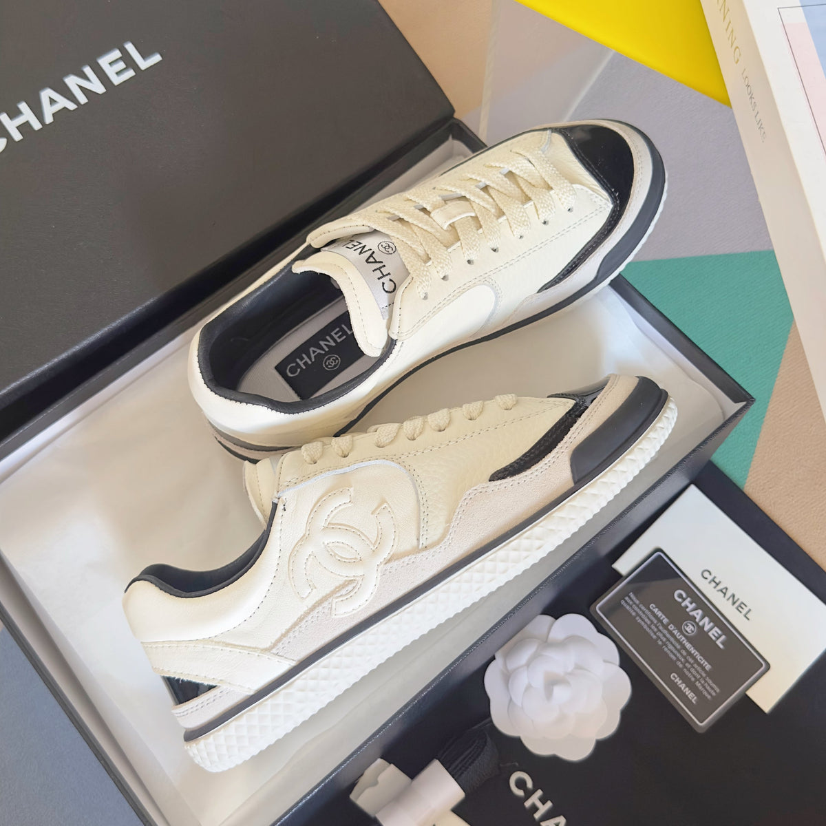 CHANEL 25S SNEAKERS WITH PATENT TOE 20MM IN WHITE CALFSKIN