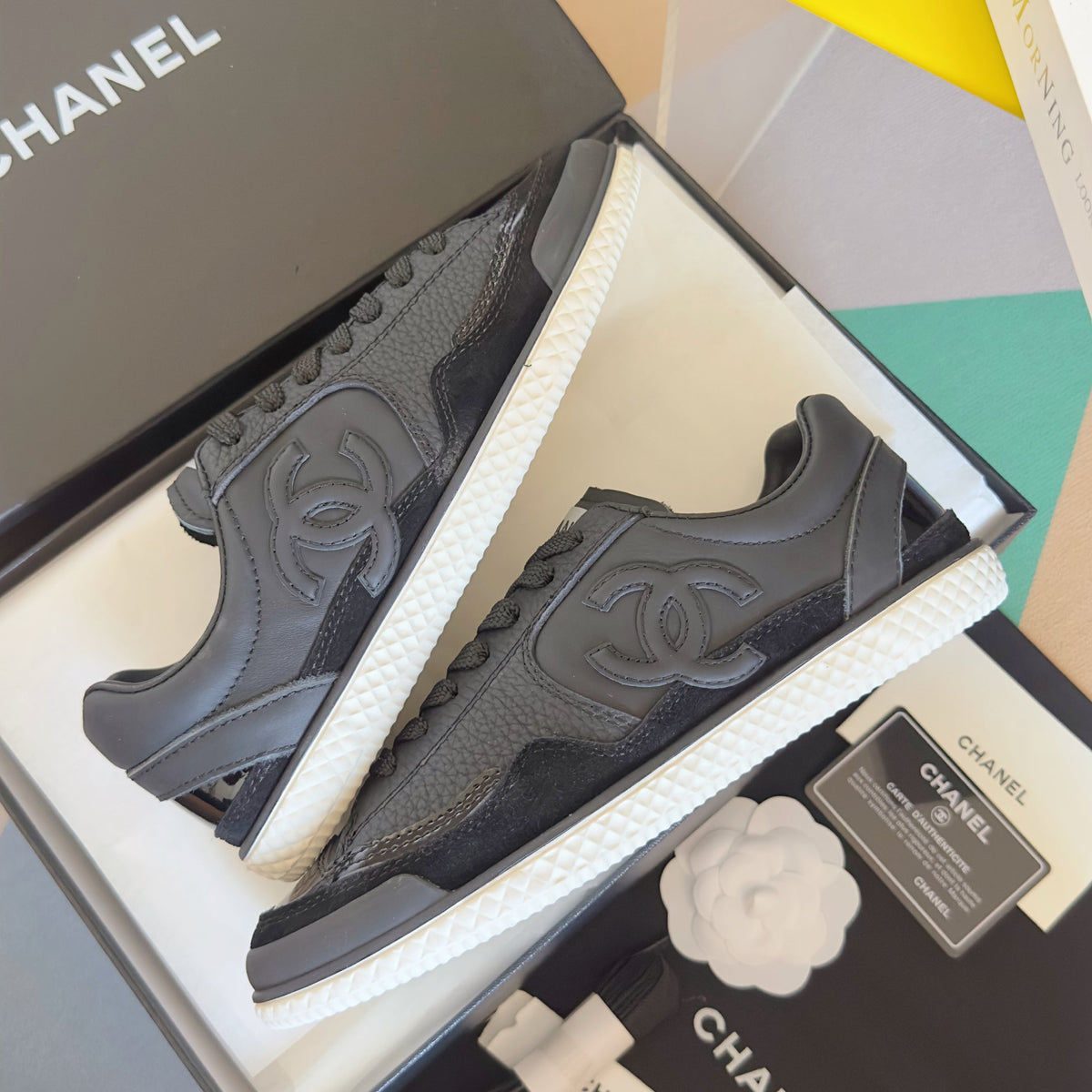 CHANEL 25S SNEAKERS WITH PATENT TOE 20MM IN BLACK CALFSKIN