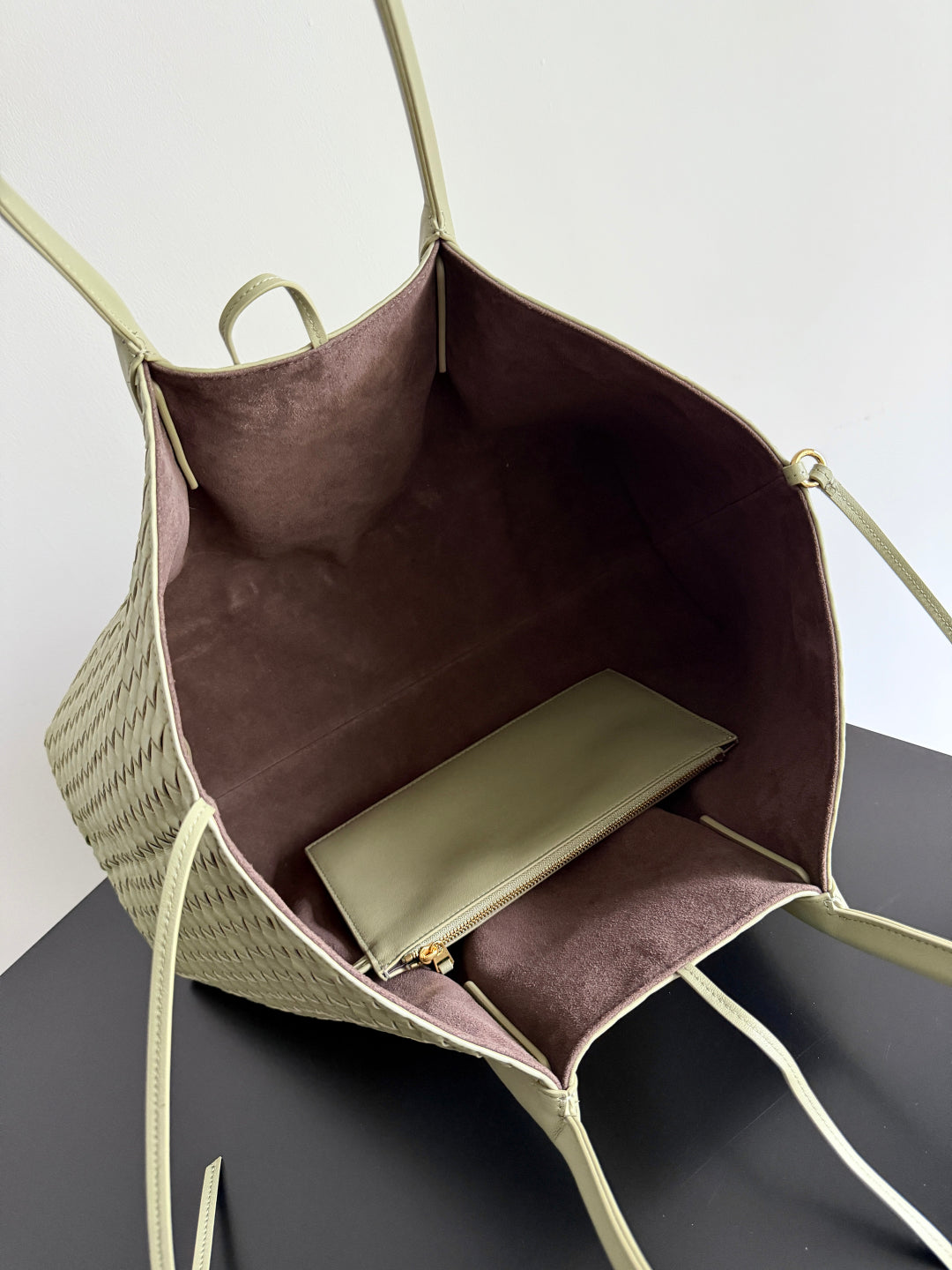PINACOTECA REVERSIBLE TOTE BAG 43 IN MATCHA LAMBSKIN AND BROWN SUEDE