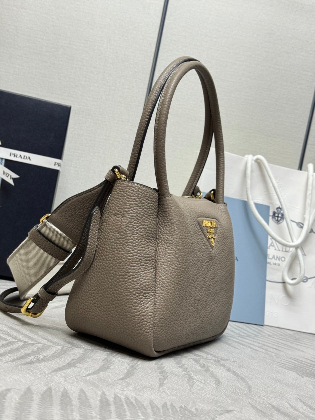 PRADA 25S SMALL BAG 23 IN TAUPE CALFSKIN GOLD HARDWRE