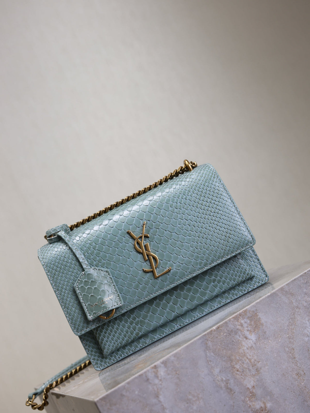 YSL 25S SUNSET MEDIUM 22 IN LIGHT BLUE CROCODILE-EMBOSSED CALFSKIN GOLD HARDWARE