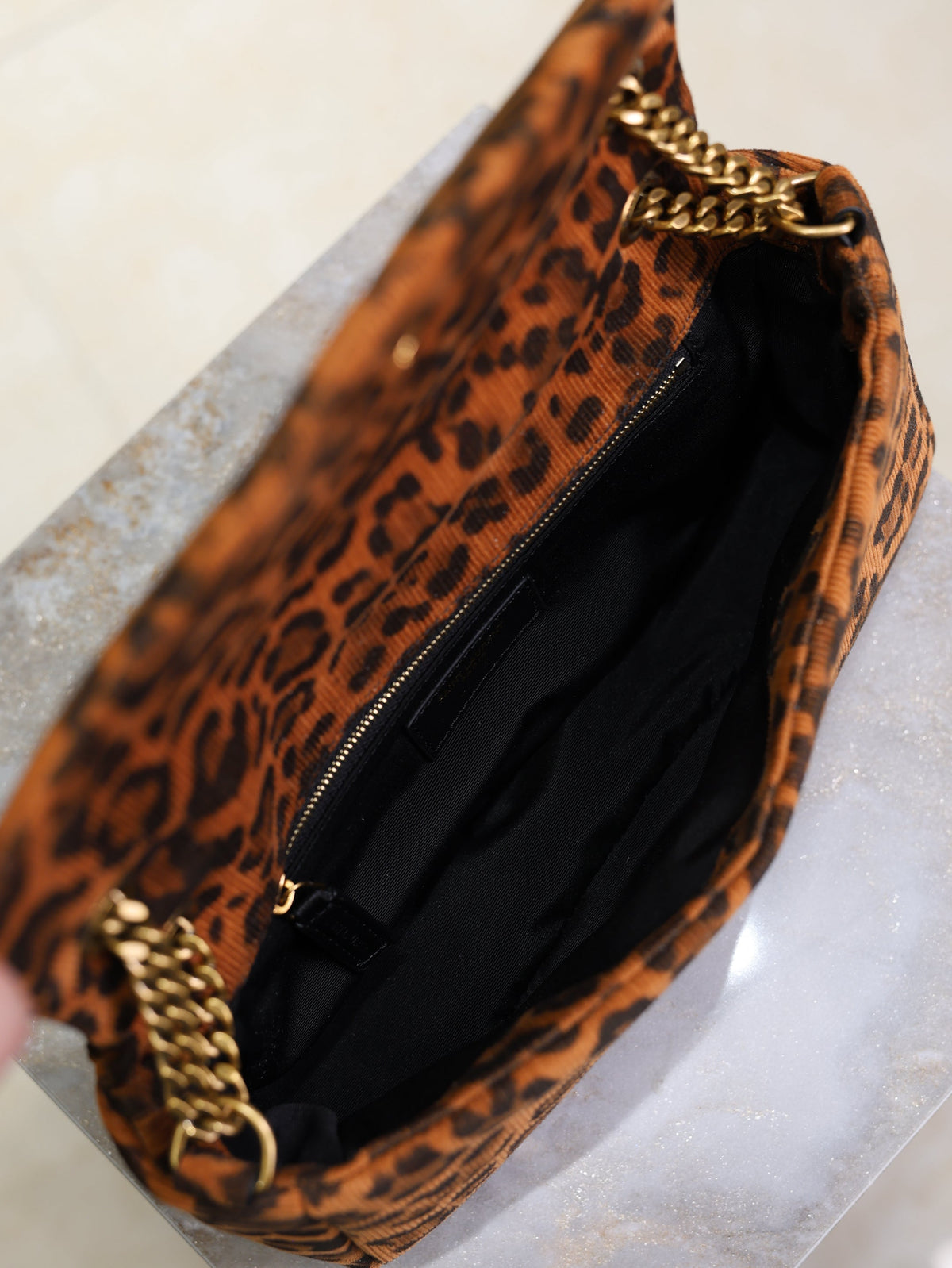 YSL 25S CALYPSO HANDBAG 26 IN BROWN LEOPARD PRINT VELVET GOLD HARDWARE