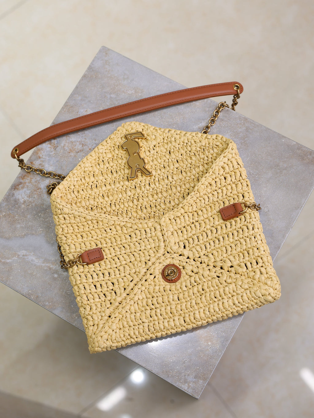 YSL 25S CALYPSO BAG 19 IN NATURAL RAFFIA AND CALFSKIN GOLD HARDWARE