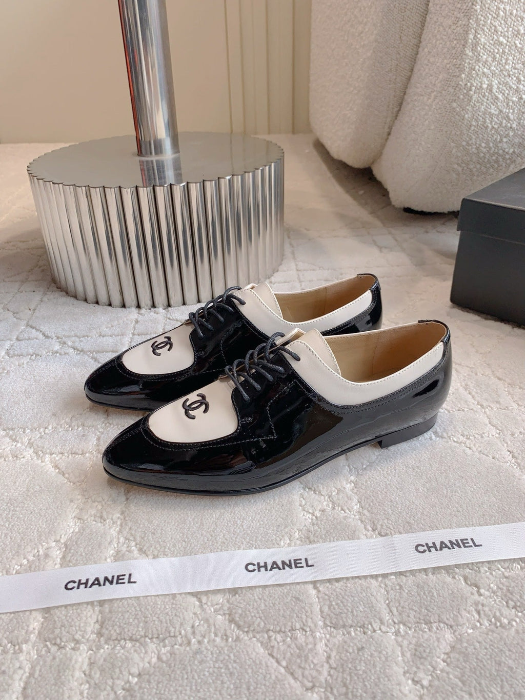 CHANEL 25S TWO TONE LACE UP IN BLACK AND WHITE SHINY CALFSKIN