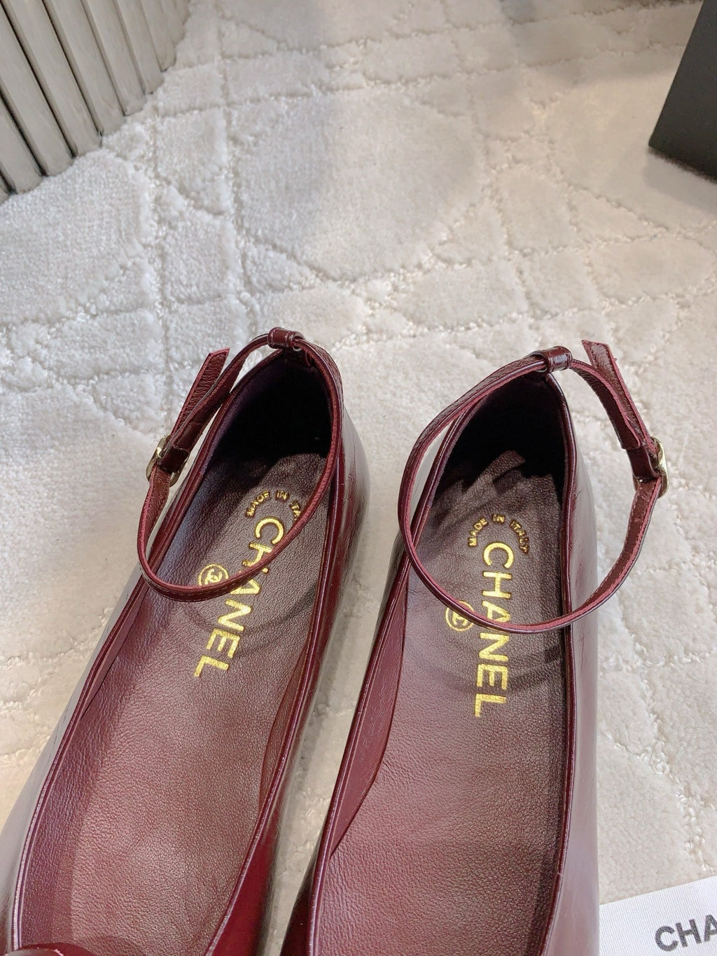 CHANEL 25S CAMELLIA SQUARE TOE FLATS IN ROSSO ANCORA CALFSKIN GOLD HARDWARE