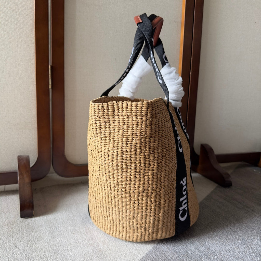 LAGRE WOODY TOTE BAG 48 IN NATURAL FIBERS BLACK WEBBING LOGO EMBROIDER BROWN CALFSKIN