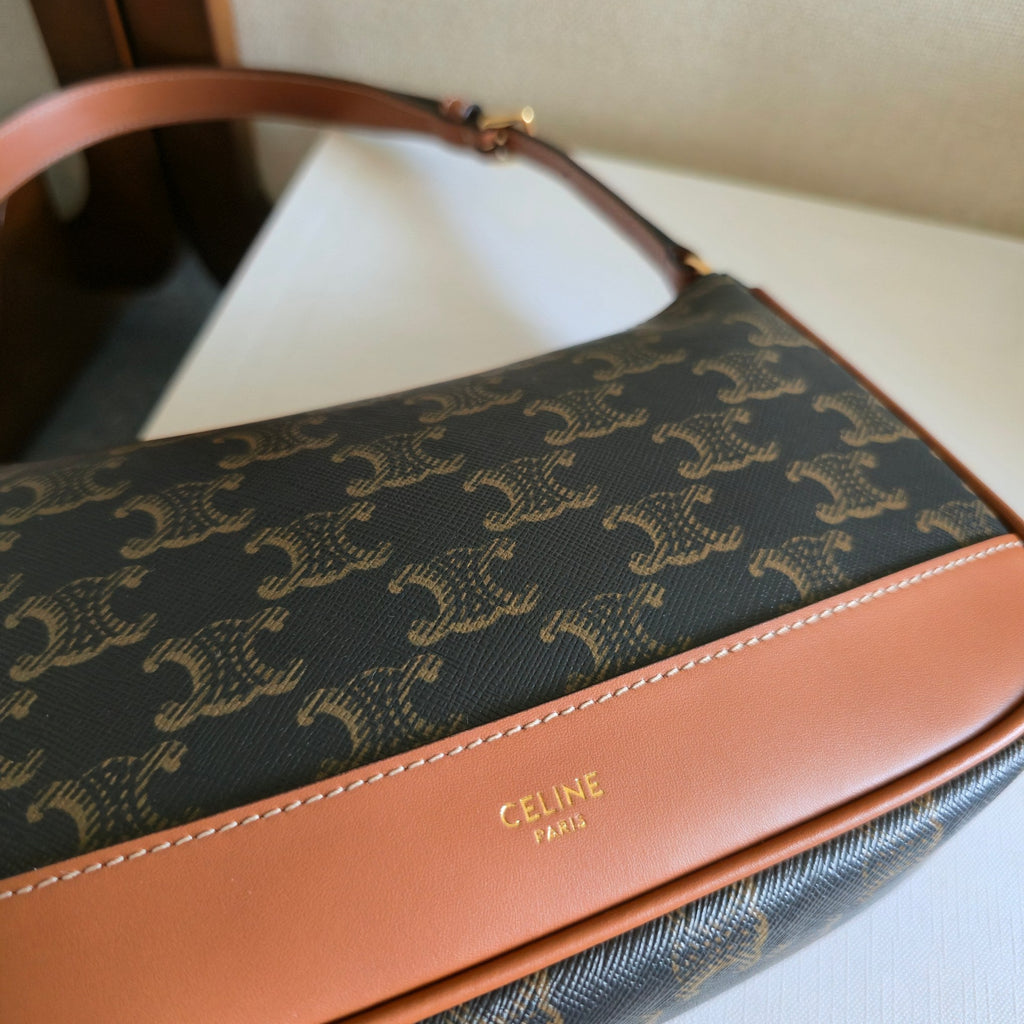 CELINE 25S SHOULDER BAG 21MM IN BLACK TRIOMPHE CANVAS AND BORWN CALFSKIN