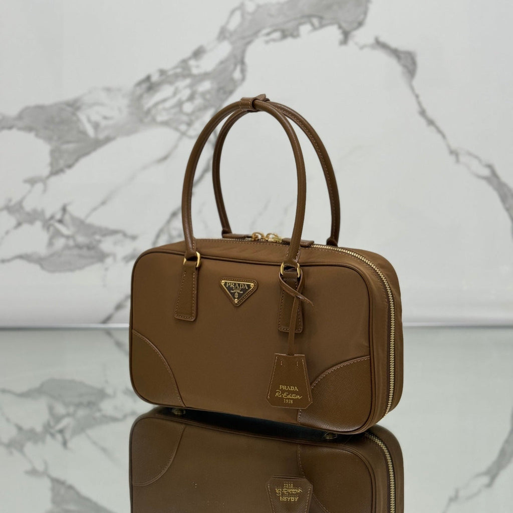 PRADA MEDIUM TOP HANDLE BAG 30 IN CHERRY WOOD NYLON AND CALFSKIN TRIM