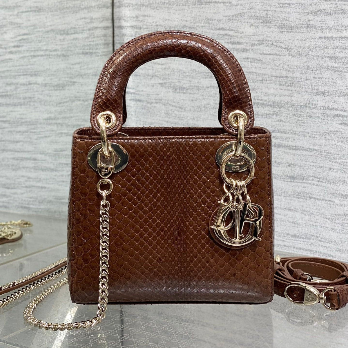 DIOR MINI 17 LADY BAG IN PEACAN BROWN METALLIC LAMBSKIN