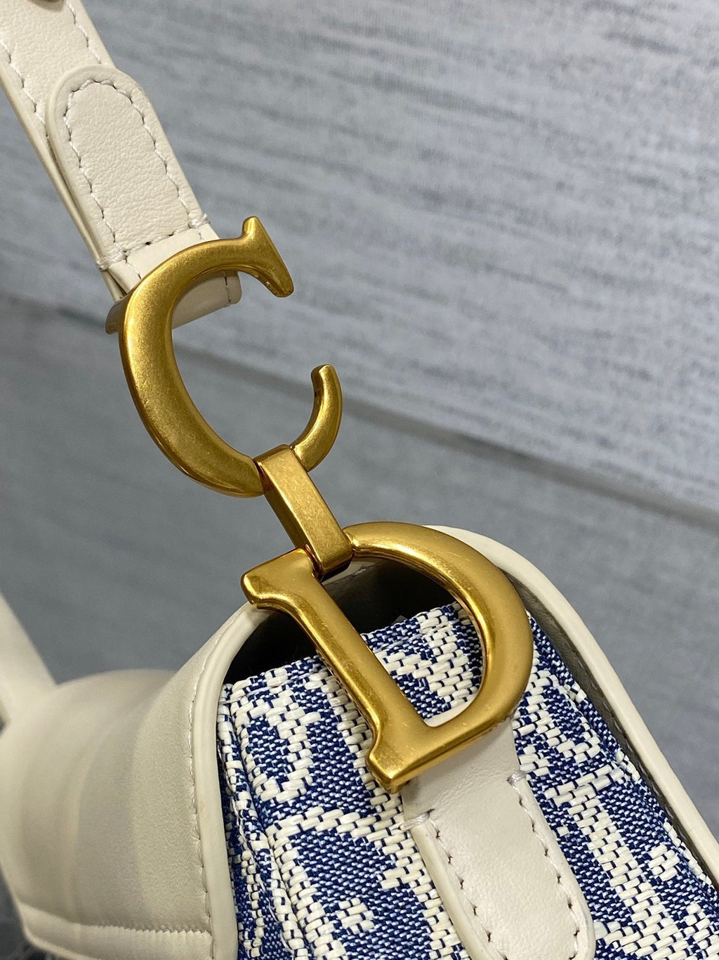 DIOR 25S MINI SOFT SADDLE BAG 19 IN BLUE DIOR OBLIQUE CHAMBRAY AND IVORY SMOOTH CALFSKIN