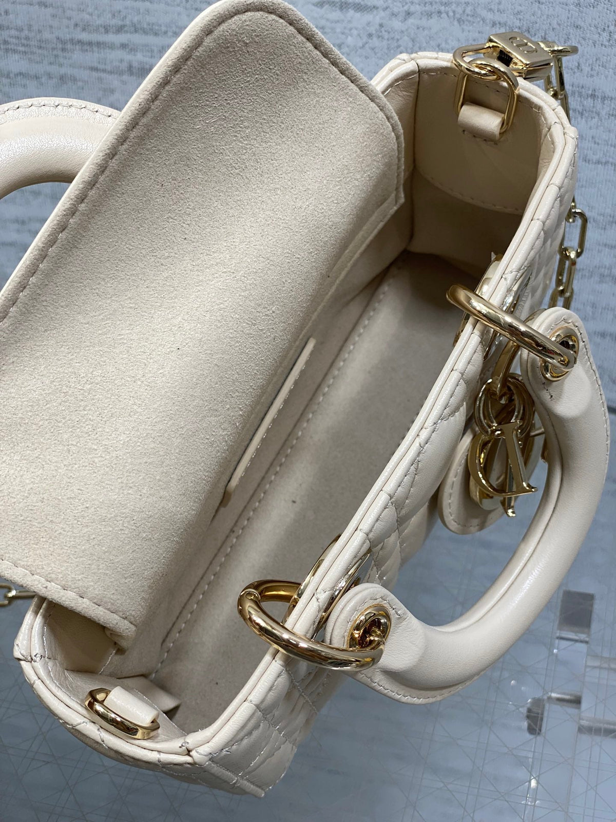 DIOR 25S MICRO LADY D-JOY 16 IN BEIGE LAMBSKIN GOLD HARDWARE