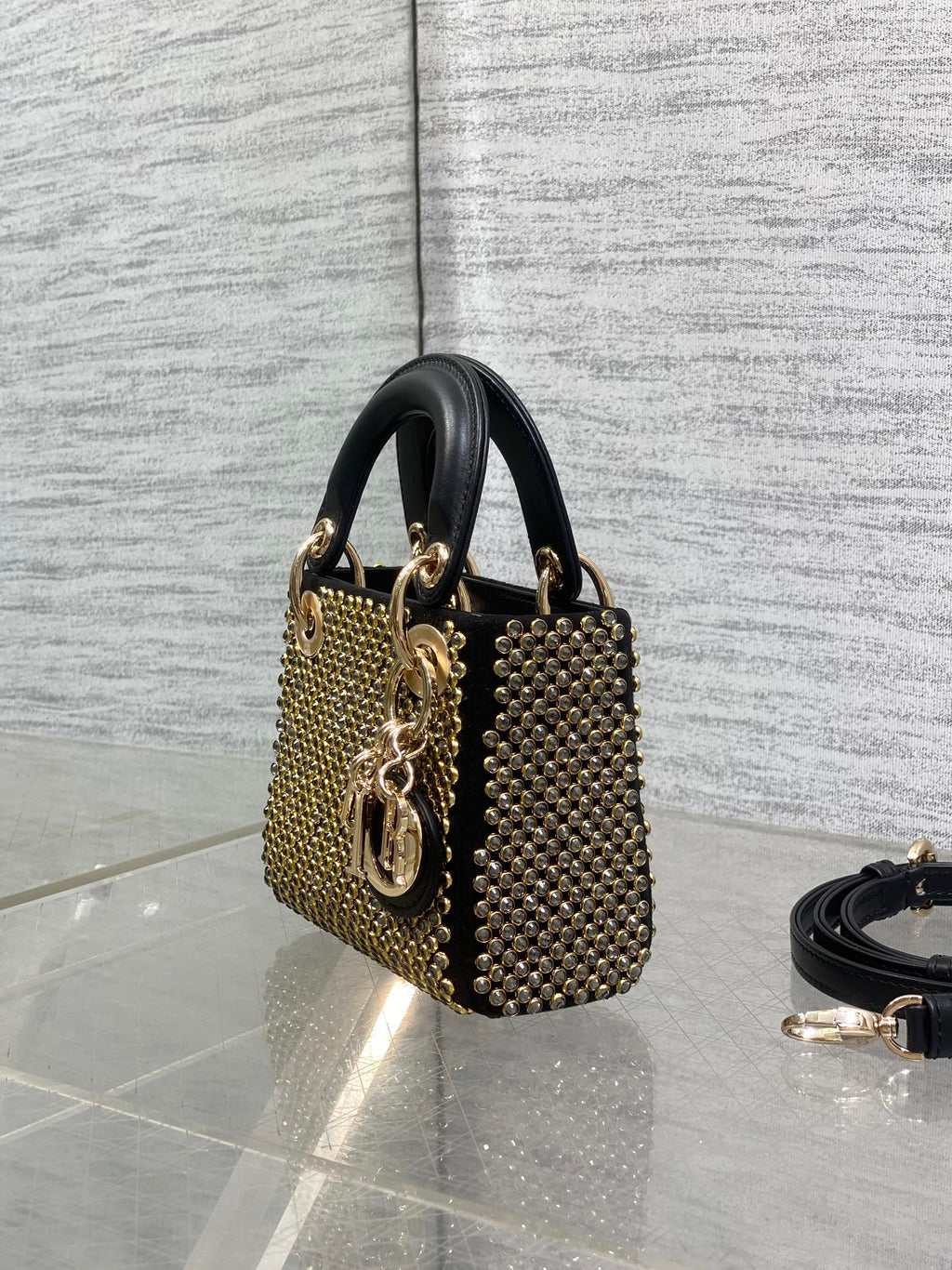 DIOR 25S MINI LADY D-LITE BAG 12 IN BLACK CANVAS AND CALFSKIN CRYSTAL-STUDDED