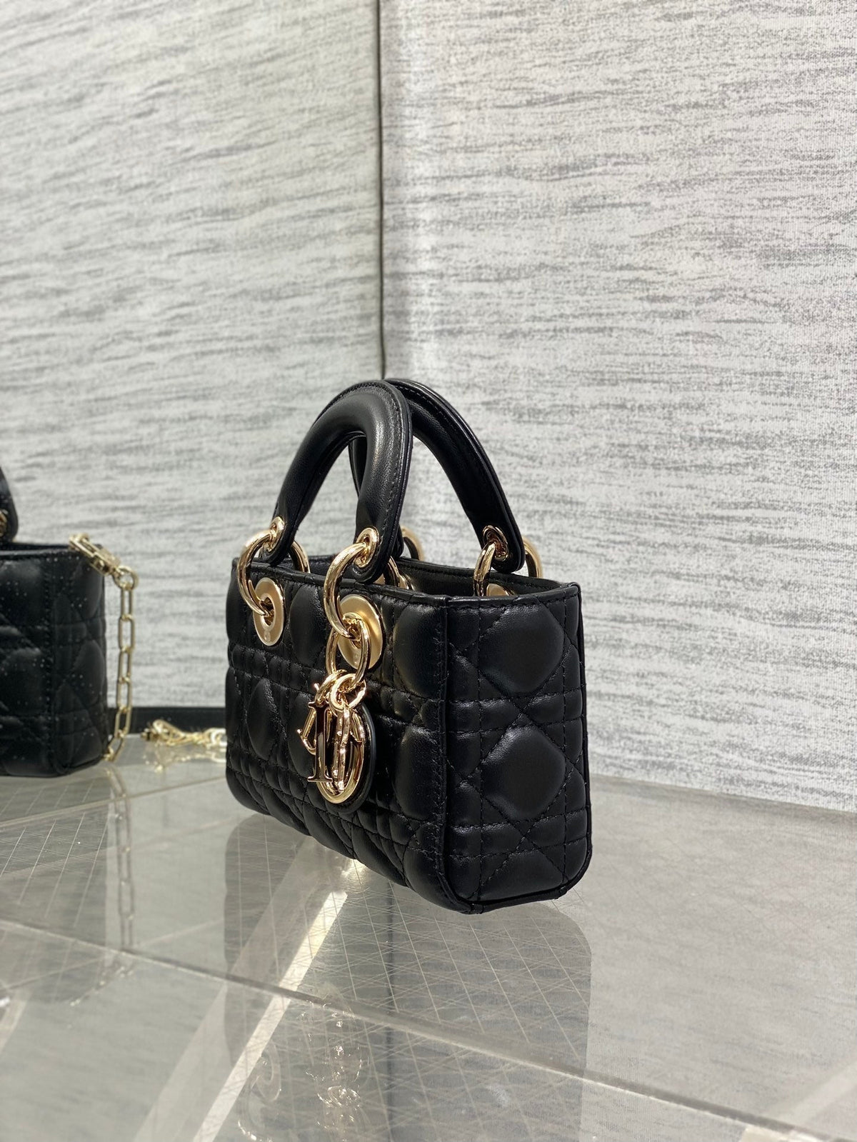 DIOR 25S MICRO LADY D-JOY 19 IN BLACK CALFSKIN GOLD HARDWRE