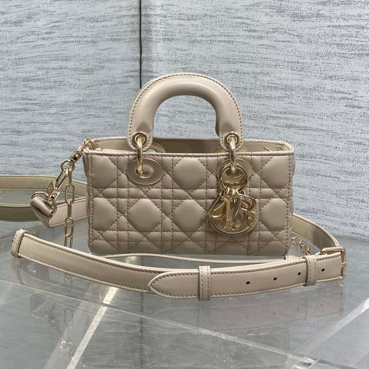 DIOR 25S MICRO LADY D-JOY 19 IN POWDER BEIGE CALFSKIN GOLD HARDWRE