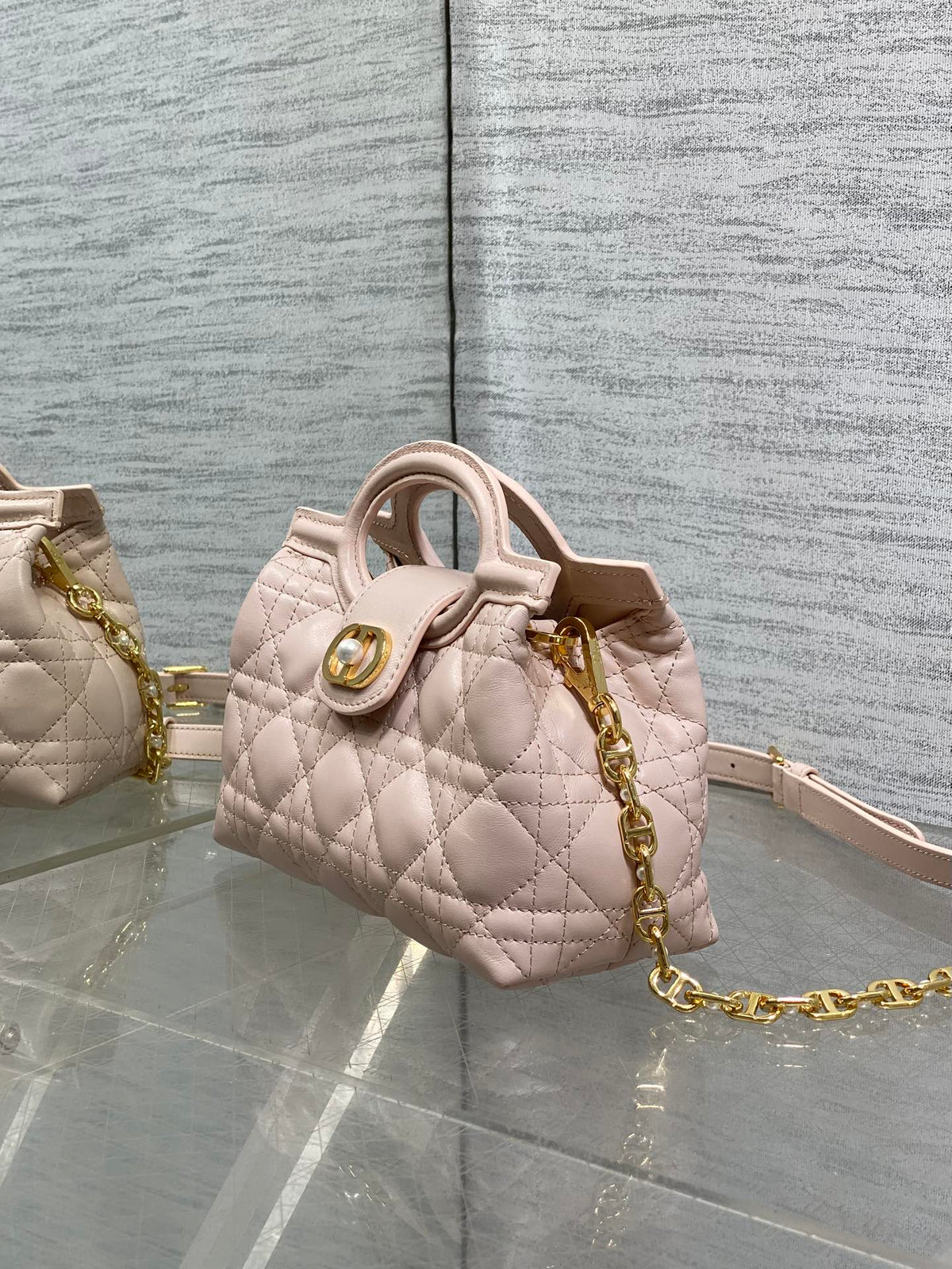 DIOR 25S JOLIE TOP HANDLE MINI BAG 18 IN BABY PINK CALFSKIN GOLD HARDWARE