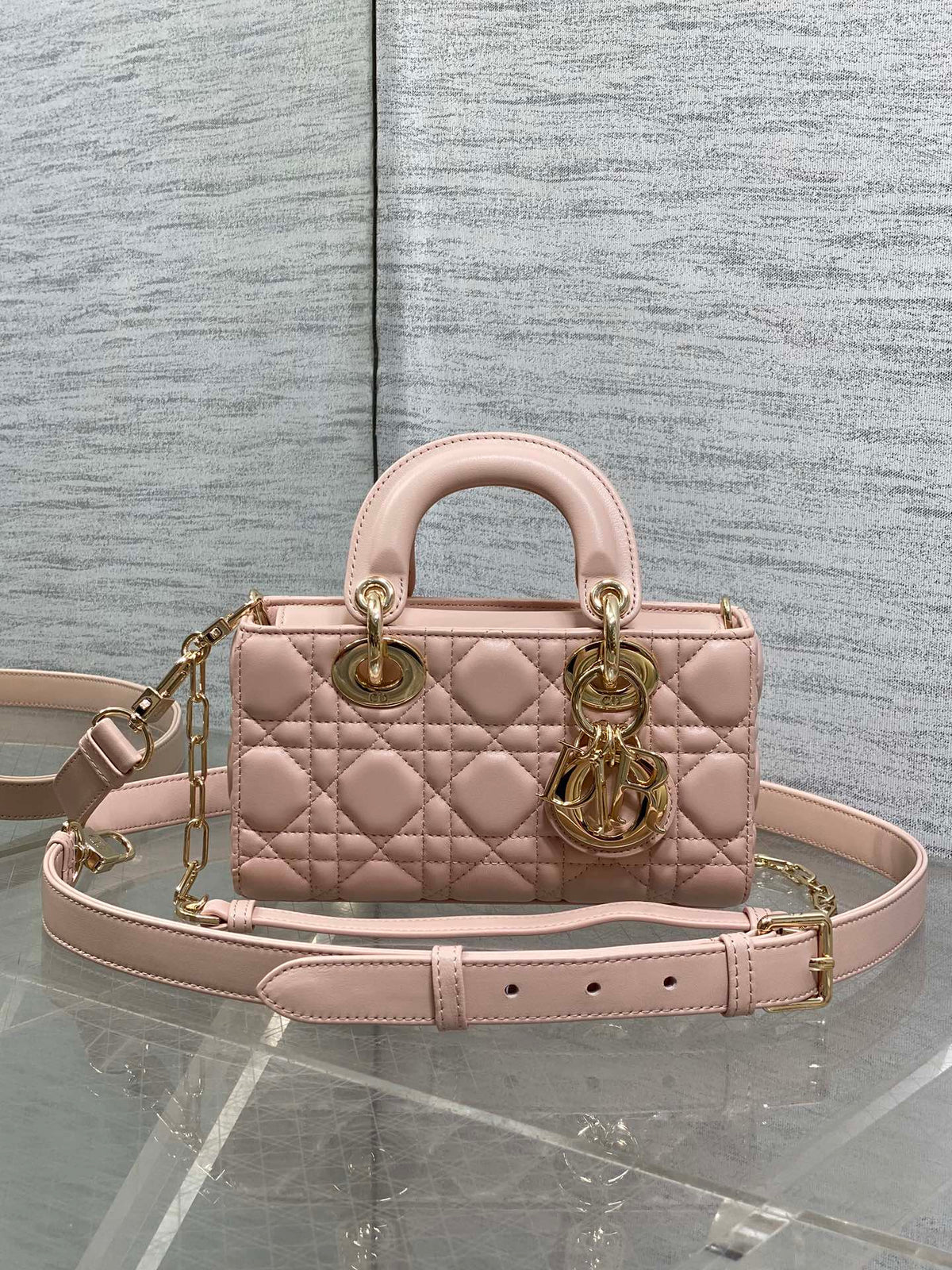 DIOR 25S MICRO LADY D-JOY 19 IN BABY PINK CALFSKIN GOLD HARDWRE