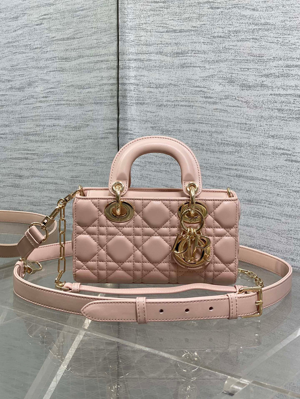 DIOR 25S MICRO LADY D-JOY 19 IN BABY PINK CALFSKIN GOLD HARDWARE