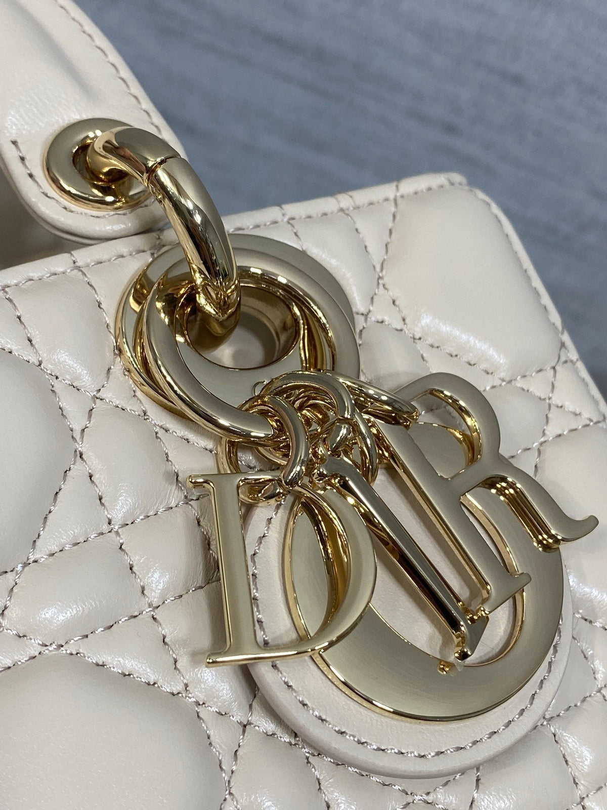 DIOR 25S MICRO LADY D-JOY 19 IN BEIGE CALFSKIN GOLD HARDWARE