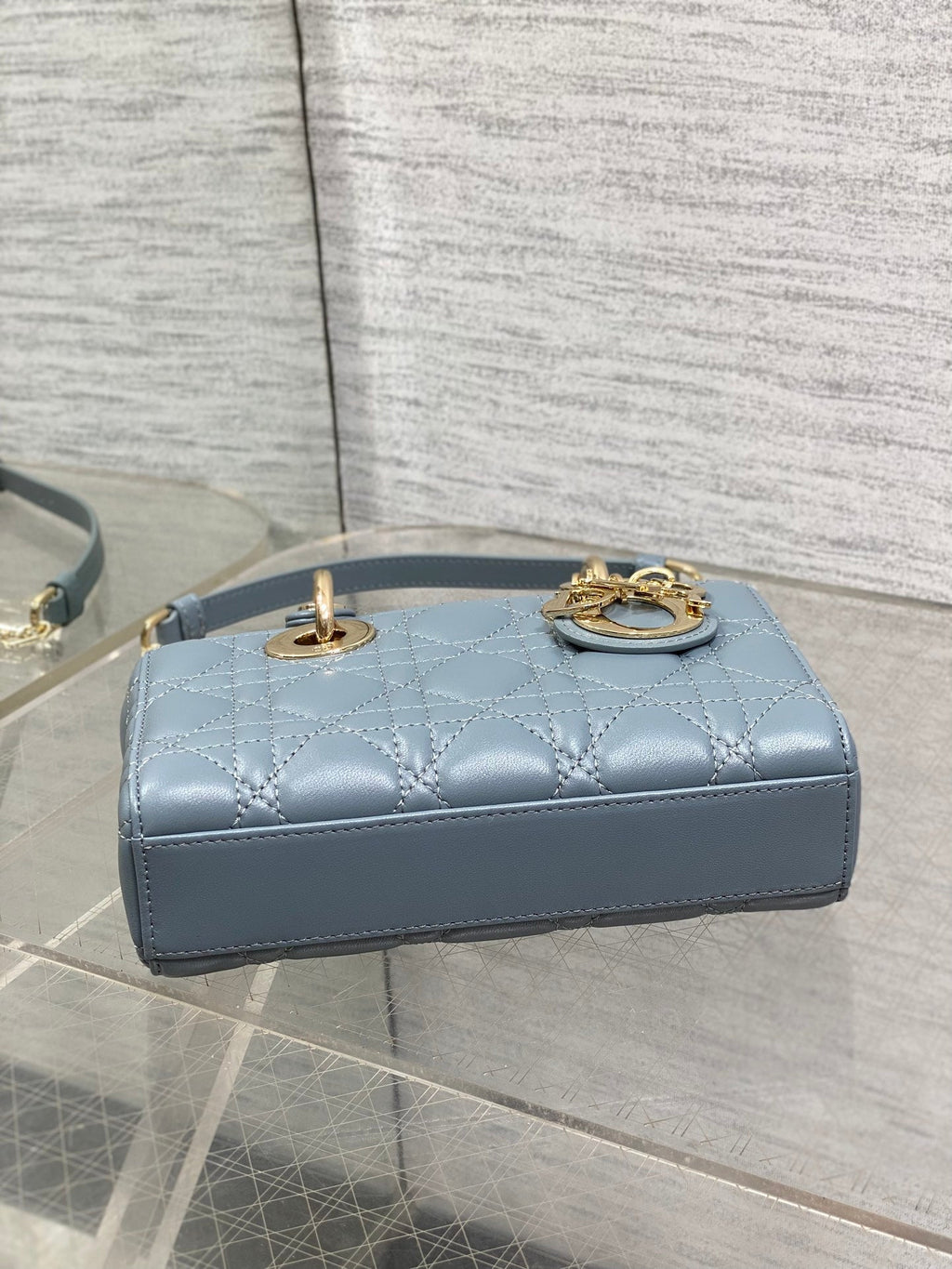 DIOR 25S SMALL LADY D‑JOY BAG 19 IN STEEL BLUE GRAY CANNAGE CALFSKIN GOLD HARDWRE