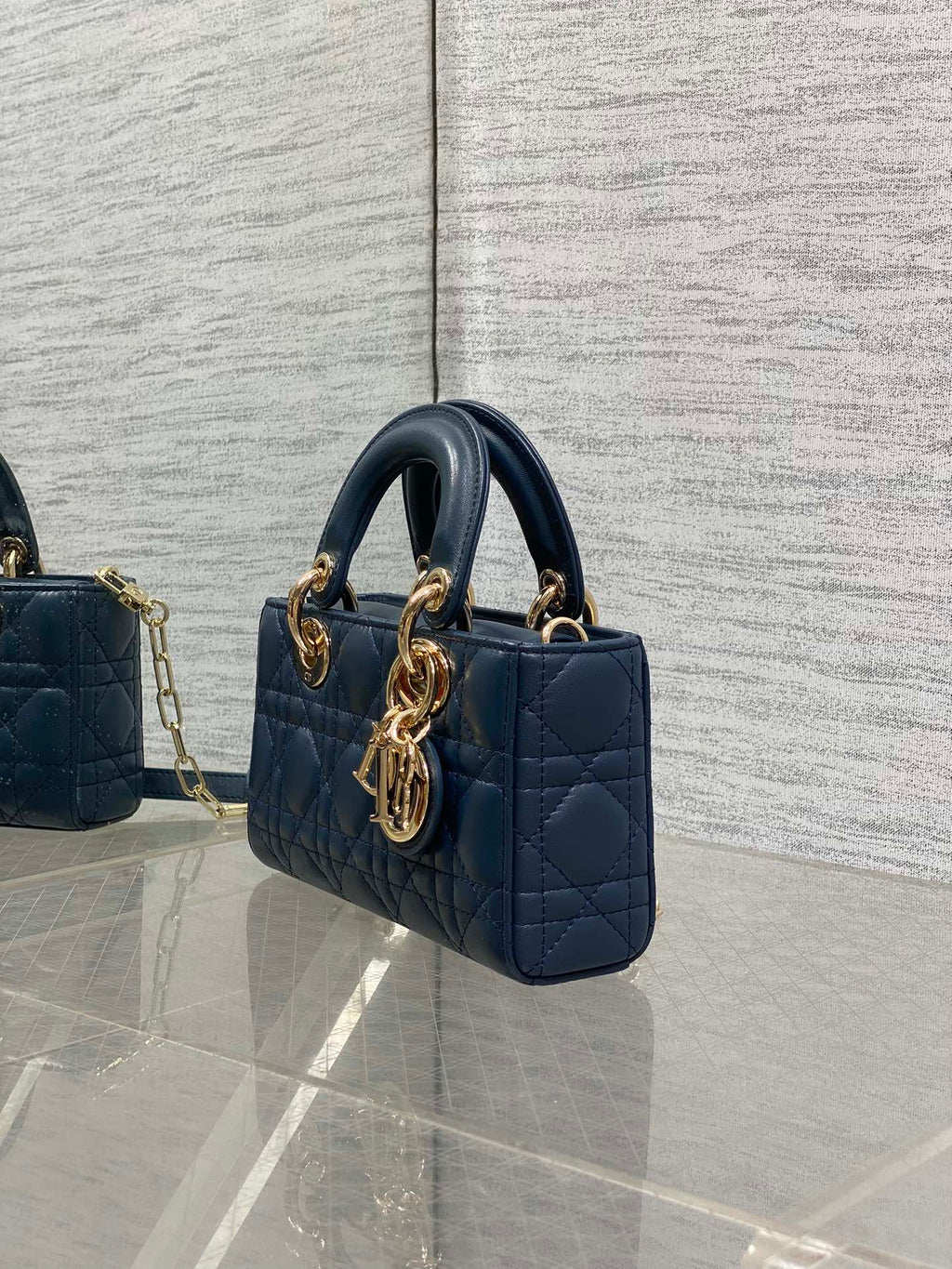 DIOR 25S SMALL LADY D‑JOY BAG 19 IN DARK BLUE CANNAGE CALFSKIN GOLD HARDWARE