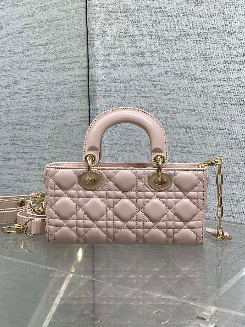 DIOR 25S SMALL LADY D‑JOY BAG 22 IN BABY PINK CALFSKIN GOLD HARDWARE